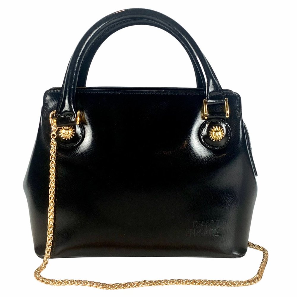Versace Black Leather Top-Handle Bag with Gold Chain